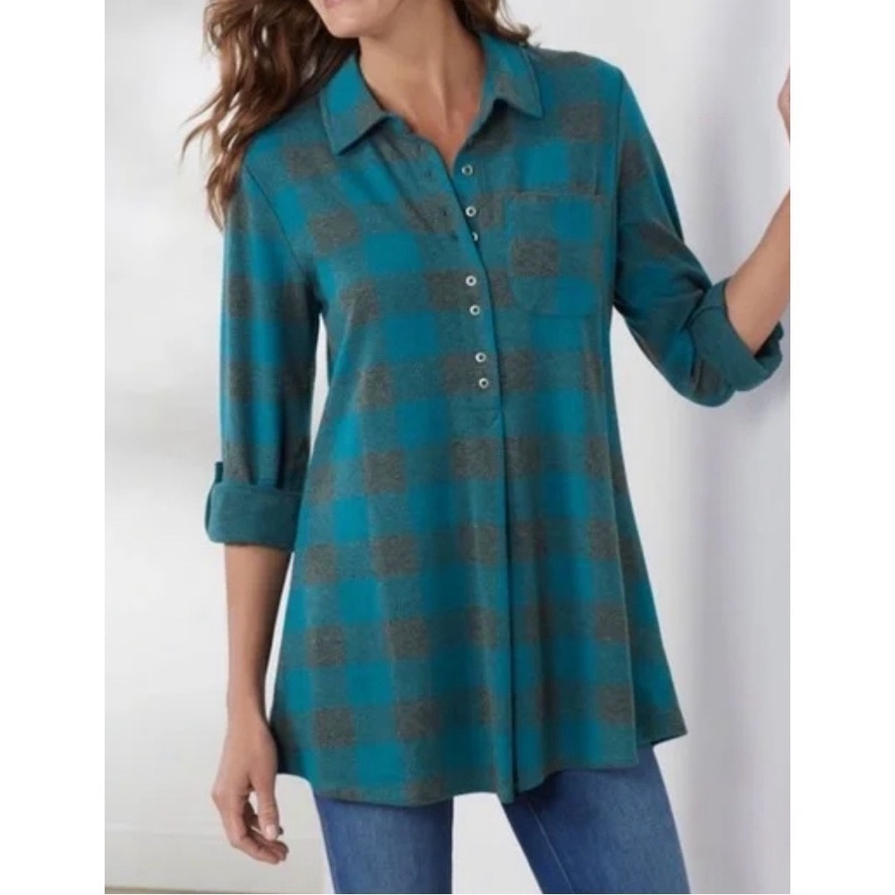 Soft Surroundings Mad About Plaid Tunic Top Roll Tab Sleeves Blue Gray Size 1X